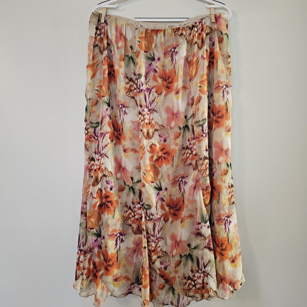 Notations Tan Orange Maxi Skirt Ruffled Floral Boho Y2K Flowy Size XL Elastic